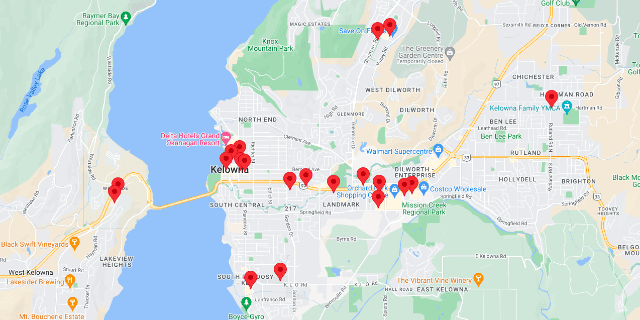 Map with markers showing where to buy bus tickets in Kelowna